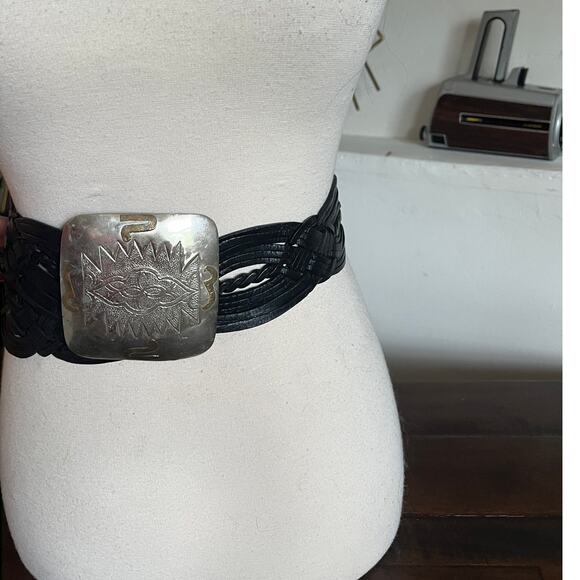 Vintage Black Leather Belt, Silver Etched, 90s 80s, Retro Boho, Western woven - Picture 1 of 7